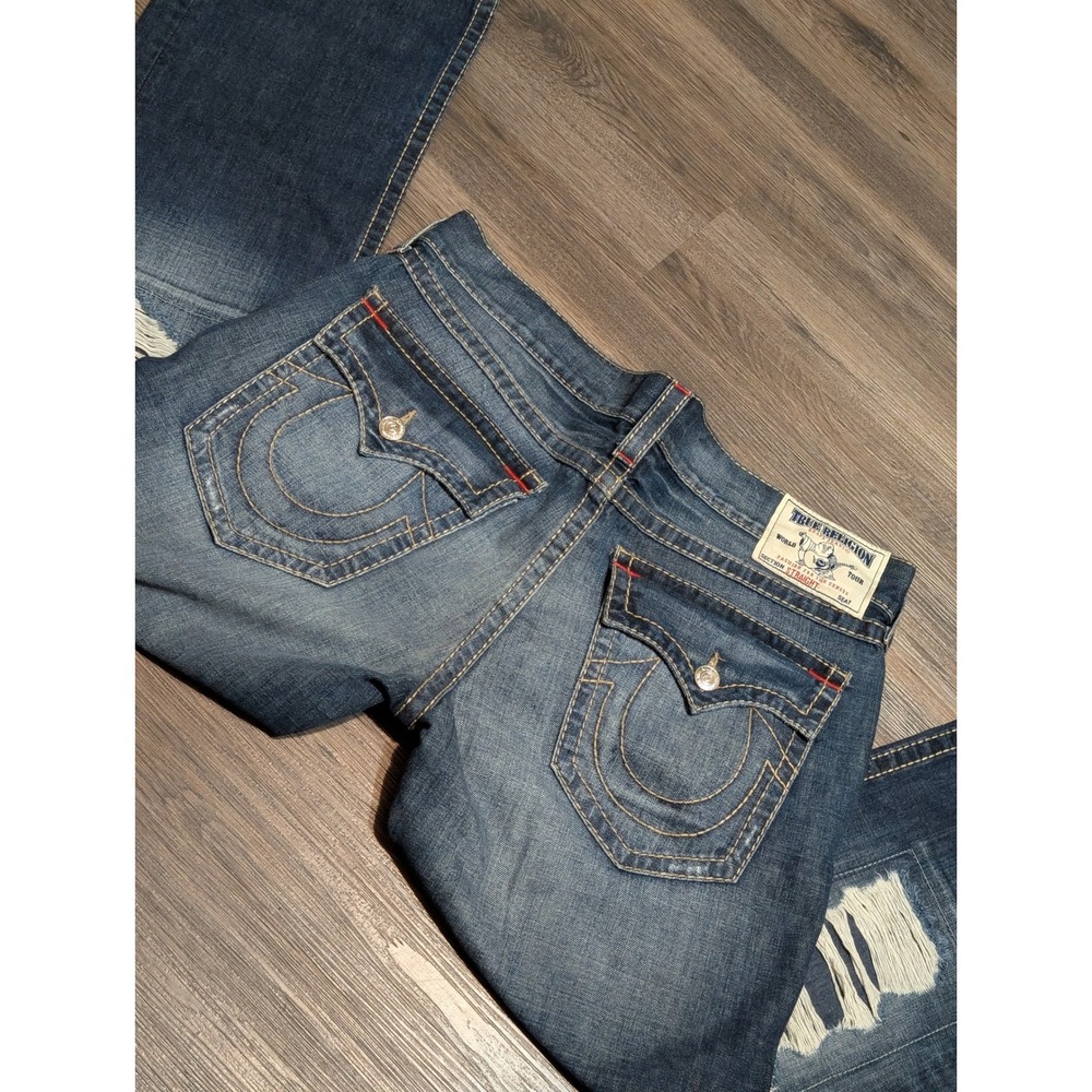 True Religion Straight Leg Distressed Jeans Mens 38 Dark Wash Ripped Denim Blue